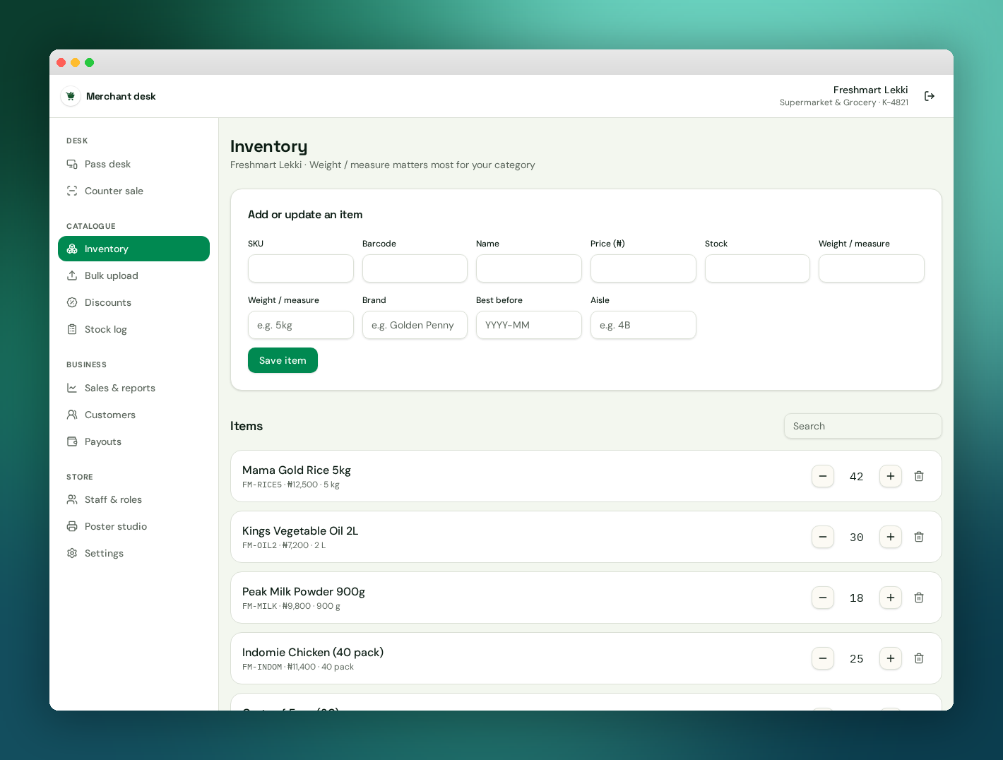Kartlily inventory screen with sector-specific fields and stock controls